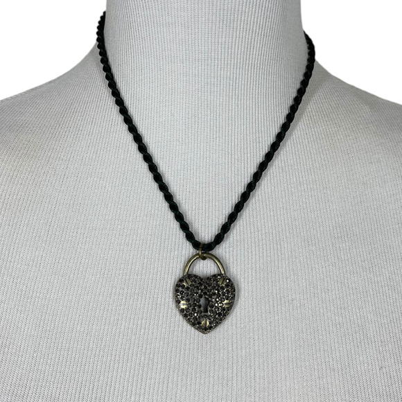 Betsey Johnson Jewelry - Betsey Johnson Heart Lock Charm Necklace Green Cord Embellished Bling Rhinestone